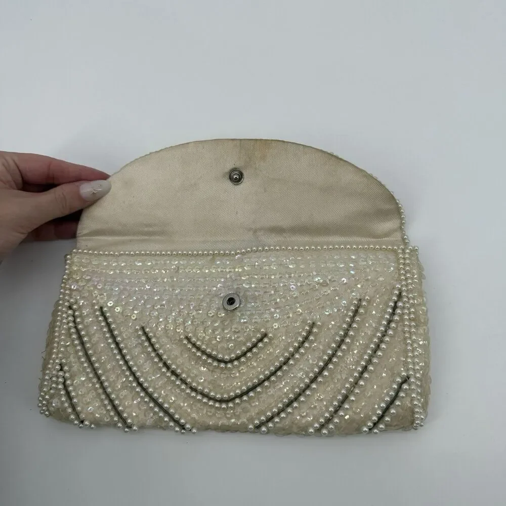 Bonsoir Vintage Beaded Clutch Bag Evening Bag Satin Glam Bridal